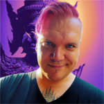 Photo of a Finnish man named Arttu with pink hair, nose and lip piercings, looking straight at the camera wearing a black V-neck shirt. On his chest he has a traditional Cambodian Sak Yant-tattoo. Behind him is a purple and gold illustration of Hanuman, the monkey king.